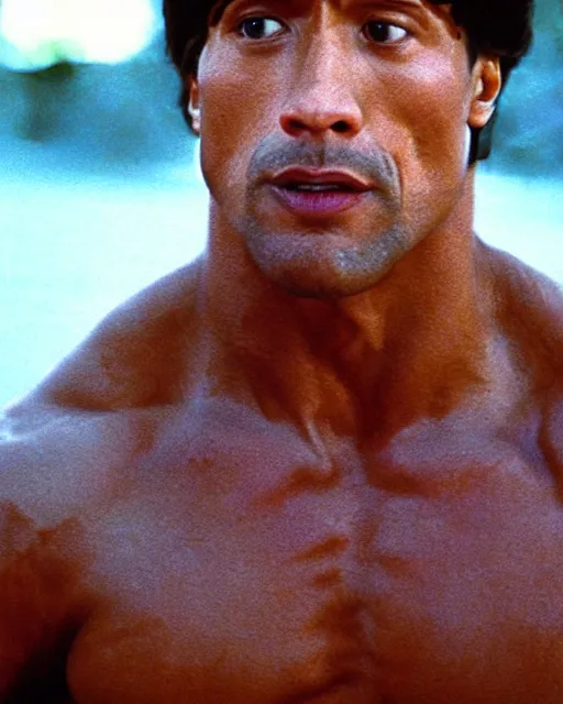 Image similar to Film still close-up shot of Dwayne Johnson as Rocky Balboa from the movie Rocky. Photographic, photography