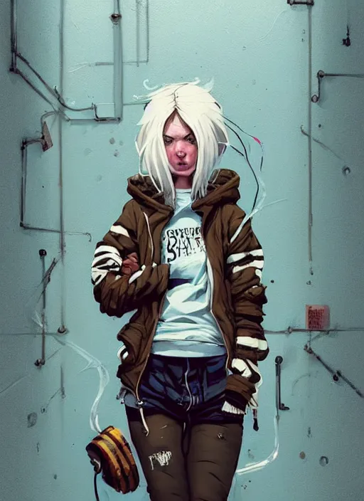 Image similar to highly detailed portrait of a sewer punk swedish lady, tartan hoody, white hair by atey ghailan, by greg rutkowski, by greg tocchini, by james gilleard, by joe fenton, by kaethe butcher, gradient light blue, brown, blonde cream and white color scheme, grunge aesthetic!!! ( ( graffiti tag wall background ) )