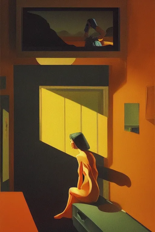 Image similar to woman put the television through her head Edward Hopper and James Gilleard, Zdzislaw Beksisnski, higly detailed