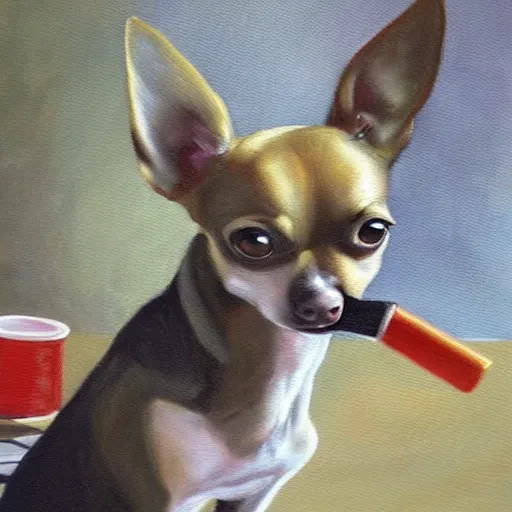 Image similar to a painting of a chihuahua smoking weed in an office