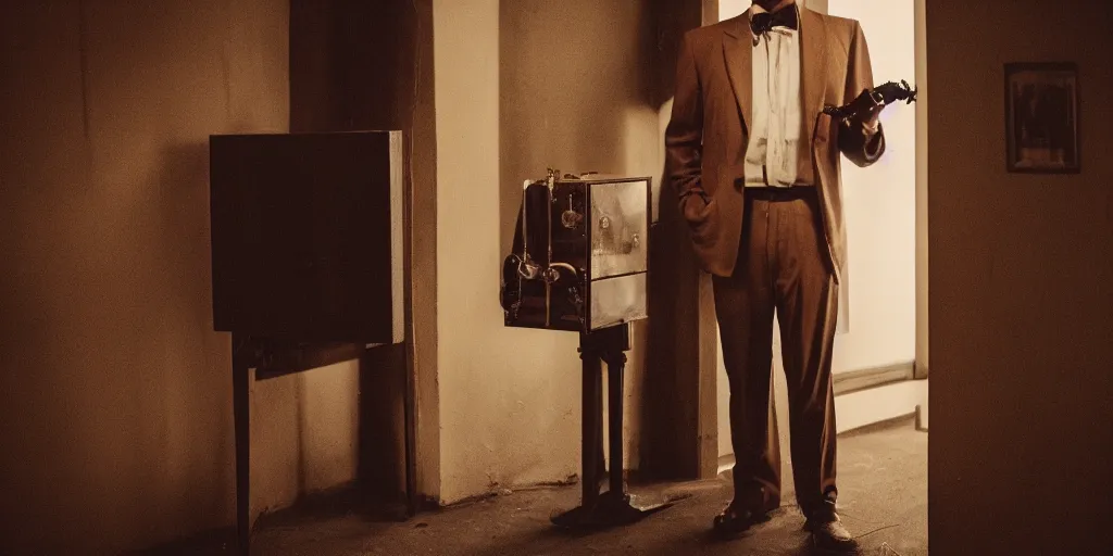 Prompt: a man in a brown suit holding a small time machine, cinematic, dramatic lighting, 3 5 mm lens, ilm, atmospheric