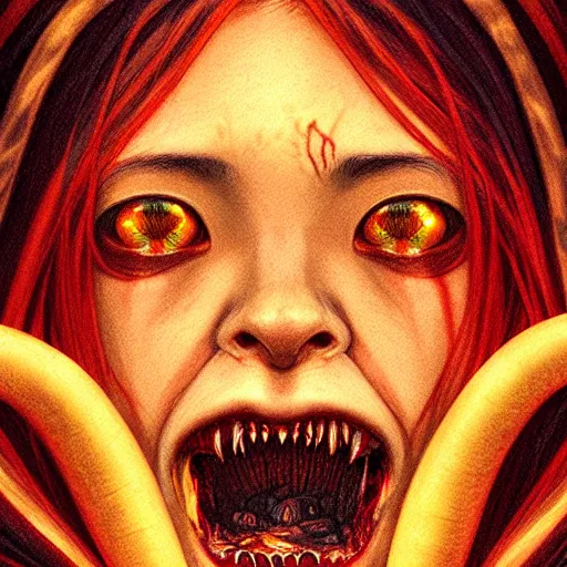 Image similar to horrifying creepy futakuchi - onna portrait, atmospheric lighting, painted, menacing, intricate, volumetric lighting, beautiful, rich deep colours masterpiece, golden hour, sharp focus, ultra detailed, by leesha hannigan, ross tran, thierry doizon, kai carpenter, ignacio fernandez rios