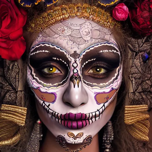 Image similar to the portrait of an absurdly beautiful, graceful, sophisticated, fashionable dia de los muertos gravure idol, an ultrafine hyperdetailed illustration by kim jung gi, irakli nadar, matt wisniewski, tribal makeup, intricate linework, iridescent wiring, porcelain skin, unreal engine 5 highly rendered, global illumination, radiant light, detailed and intricate environment