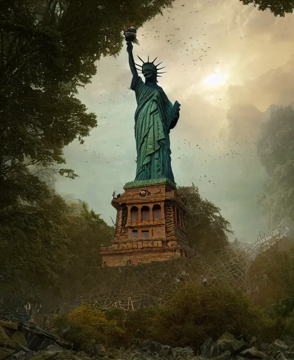 Image similar to highly detailed digital matte painting of a Lady Liberty statue covered in leaves and nature with overgrowth Full shot. By Raphael LaCoste and Ruan Jia and Robert McCall, postcyberpunk, geodesic dome, hyperdetailed, sunrise, wide shot, autochrome, octane render