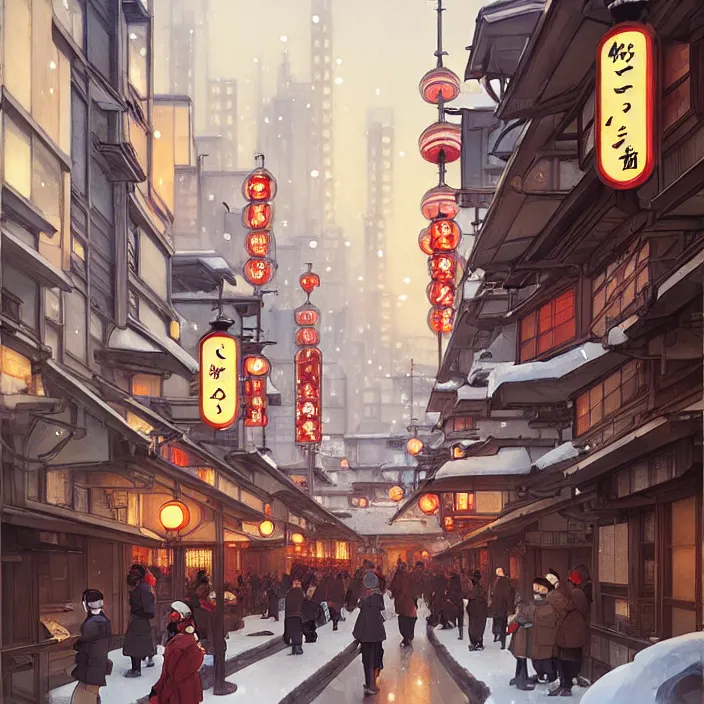 Image similar to japanese big city, winter, in the style of studio ghibli, j. c. leyendecker, greg rutkowski, artem