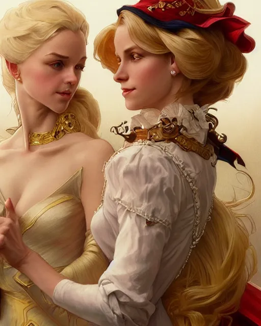 Image similar to Portrait of a  blonde lady and Michael as characters in Dogtanian,real life skin, intricate, elegant, highly detailed, artstation, concept art, smooth, sharp focus, art by artgerm and greg rutkowski and alphonse mucha