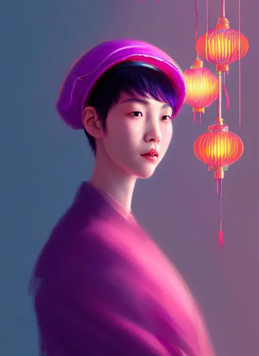 Image similar to portrait of chinese girl with bright pink hair, curly pixie cut hair, wearing a purple cap, breton cap, intricate, elegant, glowing lights, highly detailed, digital painting, artstation, concept art, smooth, sharp focus, illustration, art by wlop, mars ravelo and greg rutkowski