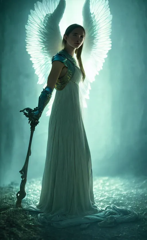 Image similar to angel, low key light, full plate armor with cloth, f 2. 8, bokeh, medium portrait, gentle, female, dark ruins, landscape, d & d, fantasy, intricate, elegant, highly detailed, teal white gold color palette, roger deakins, sharp focus, greg rutkowski and alphonse mucha