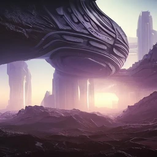 Image similar to Alien landscape, city, futuristic, exotic, cinematic lighting, epic, octane render, unreal engine, 8k, photorealistic, sharp, highly detailed