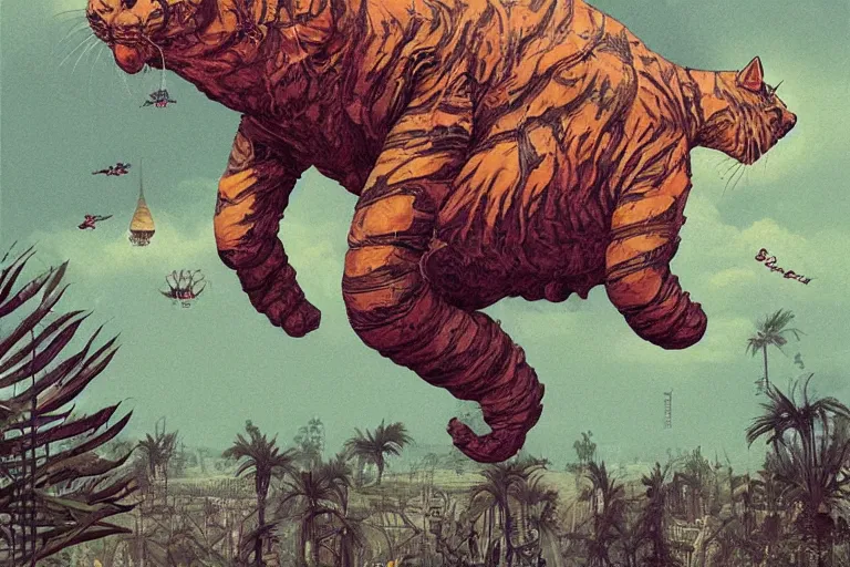 Image similar to gigantic cat floating in the space, a lot of exotic plants, trees, flowers, vintage sci - fi, newspaper grainy colors, flat surreal grainy design, super - detailed, painting by enki bilal and moebius, hd, 4 k, high quality