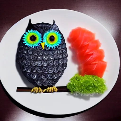 Image similar to an owl made of sushi,photorealistic