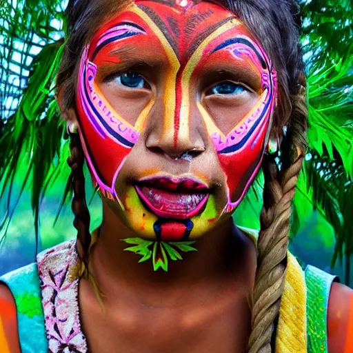 Image similar to portrait of yanomamo girl with tribal face painting in rainforest, digital painting, colorful