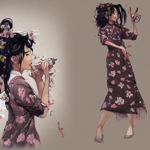 Image similar to concept art for a middle - aged chinese teacher with permed hear and a floral dress, by dustin nguyen, akihiko yoshida, greg tocchini, trending on artstation, 8 k