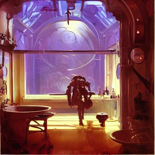 Prompt: painting of syd mead artlilery scifi bathroom with ornate metal work lands on a farm, filigree ornaments, volumetric lights, purple sun, andreas achenbach