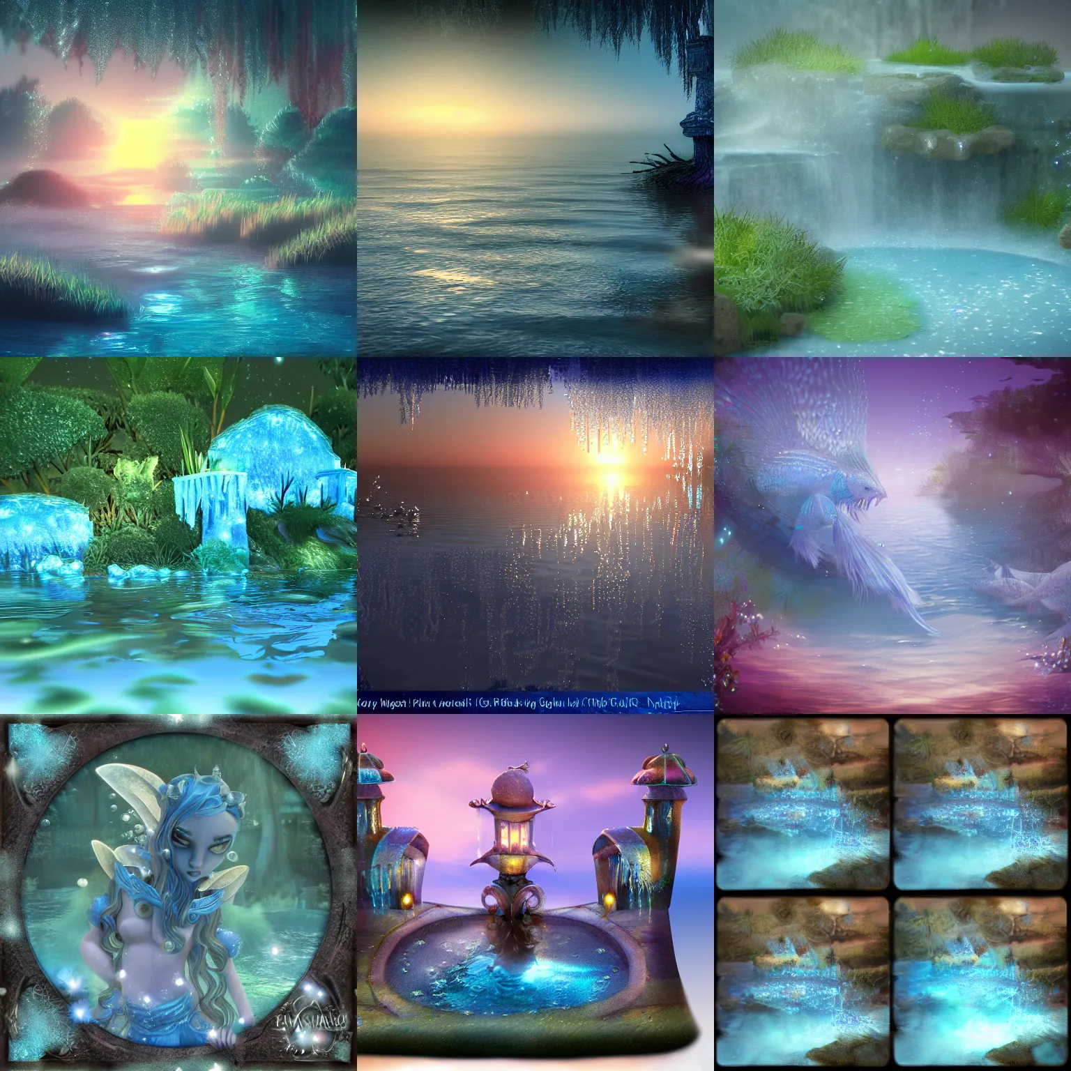 Prompt: closeup fantasy with water magic, at gentle dawn blue light, ctg style, axie infinity style