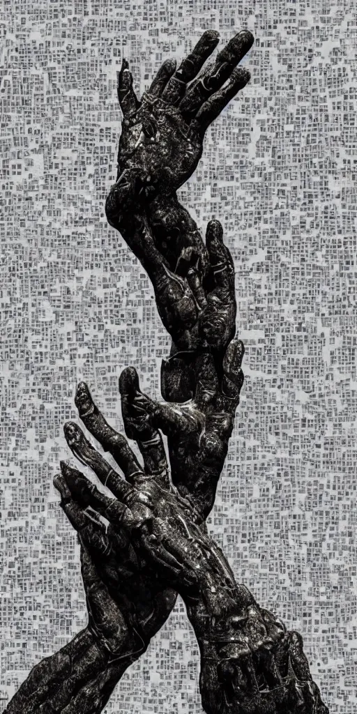 Image similar to A highly detailed cyberpunk brutalist angular greek statue of a person reaching hand out, sculpture, glitch