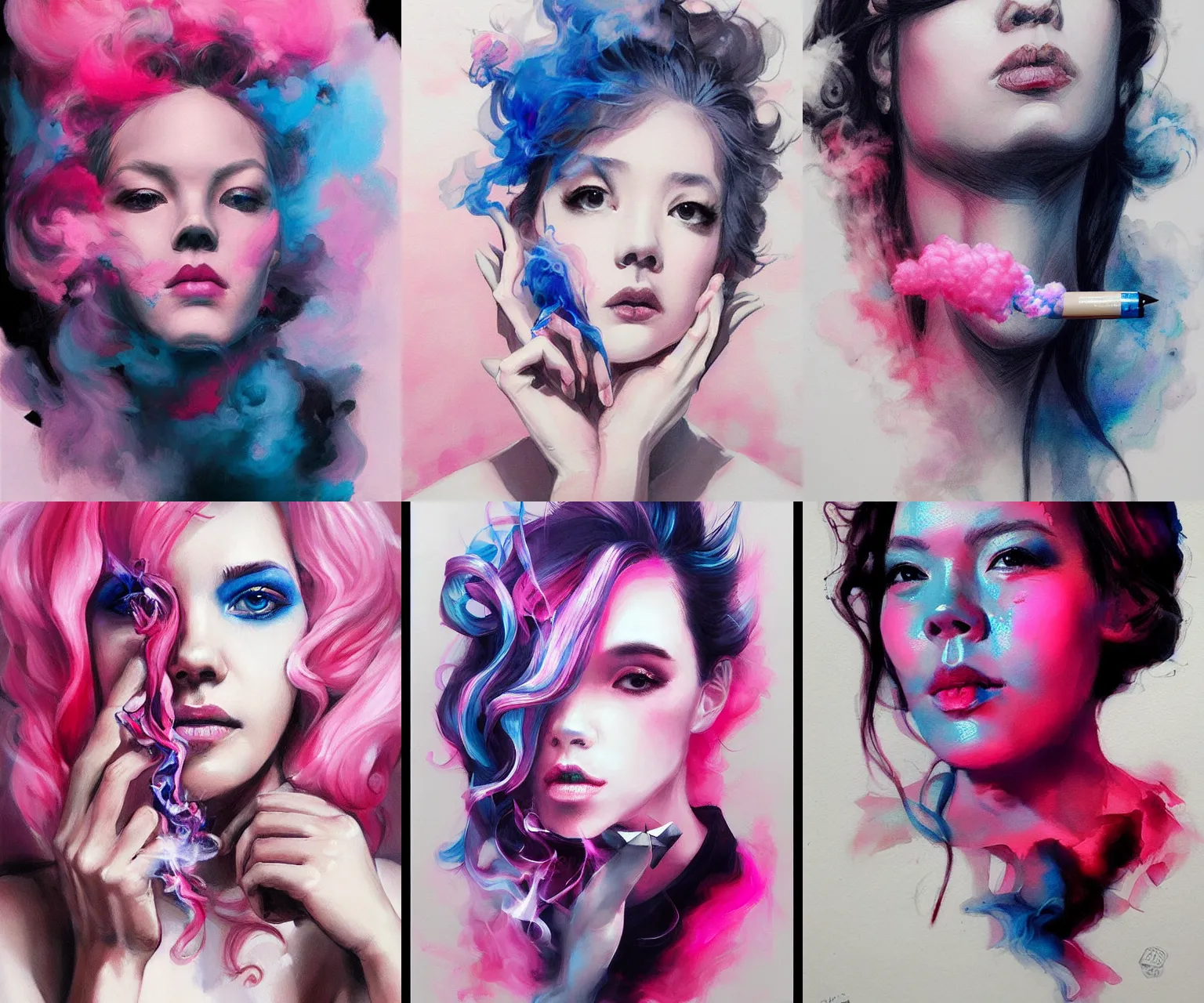 Prompt: pink blue gilded ink smoke portrait, by wlop and artgerm