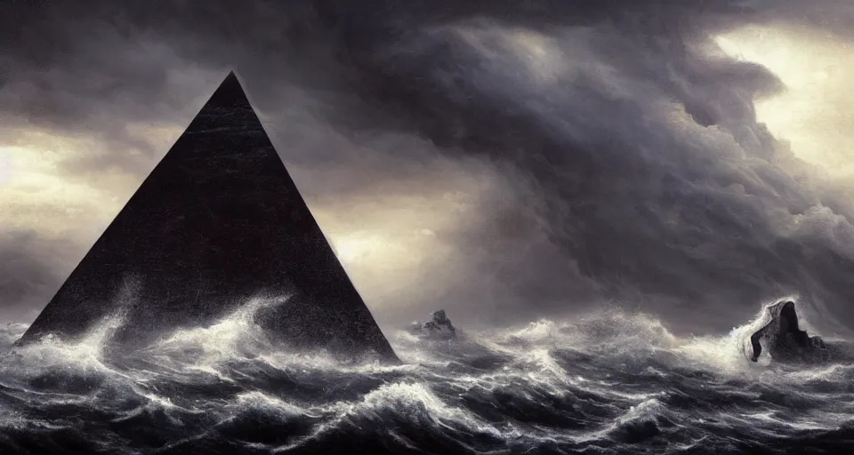 Image similar to black lovecraftian eldritch!! obsidian pyramid!! with a man standing on top of it on a snowy island, raging stormy seas, shadow of a creature in the background by eugene von guerard, ivan shishkin, night, red lightning!!, storm!, dramatic lighting, concept art, trending on artstation, 8 k