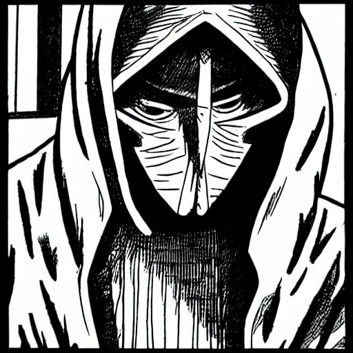 Image similar to hooded man with masked face, junji ito,