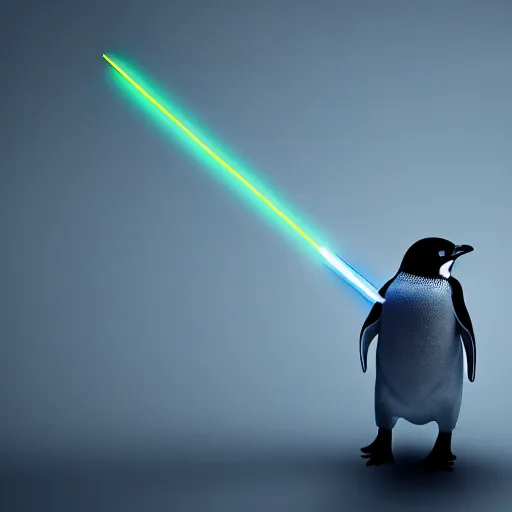 Image similar to portrait photo of linux penguin as a jedi, blue and yellow lighting, dark, cinematic, high quality, 4 k