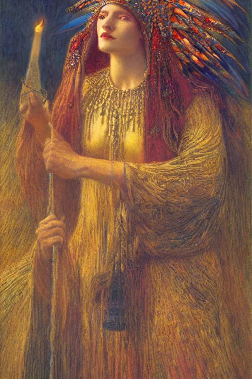 Image similar to queen of twilight with her lantern, by jean delville and Annie Swynnerton and Diego Rivera and Gaston Bussière and Tino Rodriguez , elaborate headdress and embroidered velvet, iridescent beetles, rich color, dramatic cinematic lighting, extremely detailed