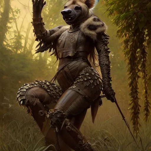 Image similar to photo of a humanoid hyena were a heroic dress an armour in the forest, long hair, highly detailed, digital painting, artstation, smooth, sharp focus, illustration, art by artgerm and greg rutkowski and alphonse mucha