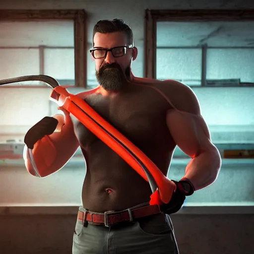 Prompt: highly muscular gordon freeman flexing holding a crowbar, dslr, 8 k, octane beautifully detailed render, cold lighting, cinematic lighting, detailed photo, masterpiece, volumetric lighting, ultra realistic, highly detailed, high quality, lossless, photorealistic