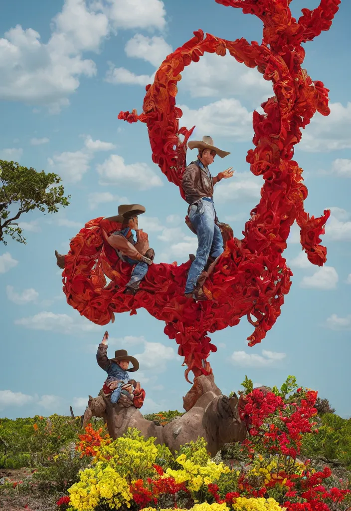 Image similar to a cowboy turning into blooms. tropical sea slugs, tractor tires. complementary colors. national geographic. 8 k, rendered in octane, smooth gradients. sculpture by antonio canova. red accents. by slim aarons, by zhang kechun, by lynda benglis