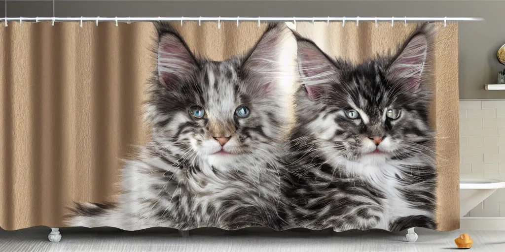 Prompt: a maine coon kitten artwork themed shower curtain, shower curtain. digital art. product photography. product lighting. 4 k, highly detailed. saturated. toy story ( film ).