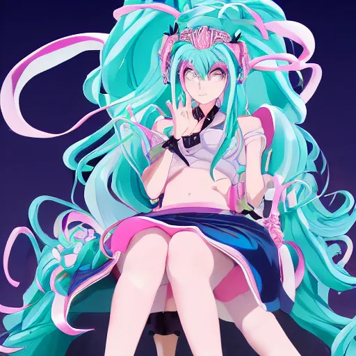 Image similar to stunningly beautiful omnipotent megalomaniacal anime goddess who looks like junko enoshima with symmetrical perfect face and porcelain skin, pink twintail hair and mesmerizing cyan eyes, looking down upon the viewer and taking control while smiling in a mischievous way, mid view from below her feet, hyperdetailed, 2 d anime, 8 k