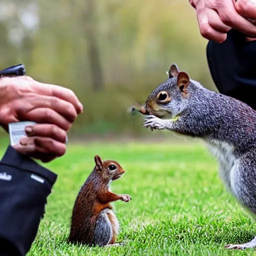 Image similar to a dog-cop ticketing a squirrel with a fine for speeding