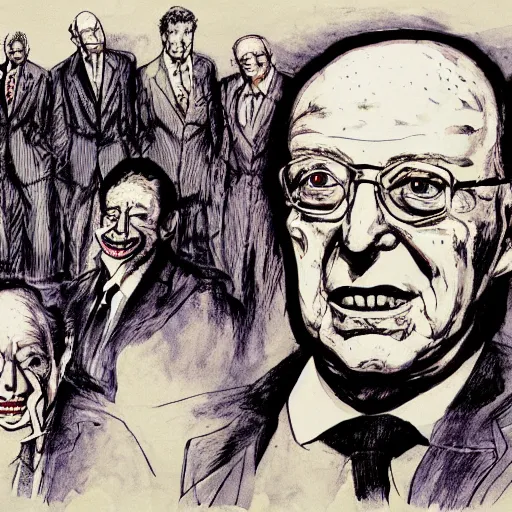 Prompt: Jacob Rothschild and george soros and Klaus Schwab by Ralph Steadman illustration dollar bills, body horror, evil, scribbles biopunk, 8k , trending on artstation
