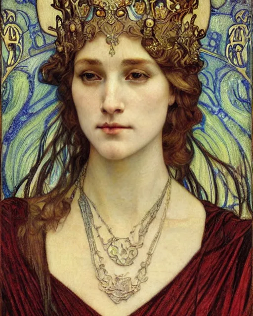 Image similar to detailed realistic beautiful young medieval queen face portrait by jean delville, alphonse mucha, vincent van gogh, and marco mazzoni, art nouveau, symbolist, visionary, gothic, pre - raphaelite