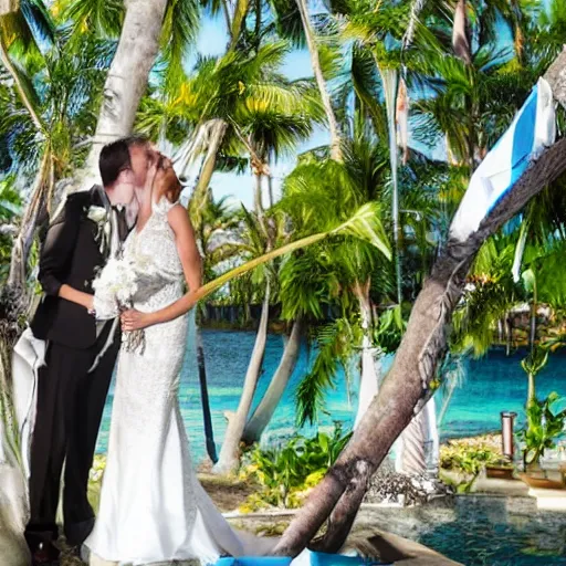 Prompt: a reptilian wedding in paradise