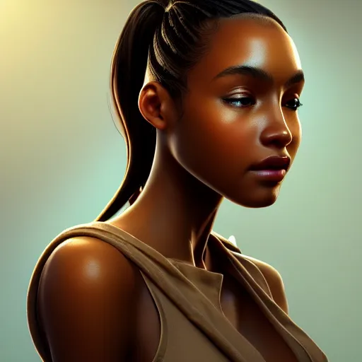 Image similar to a photorealistic hyperrealistic, bright brown eyes, light skinned african young girl, ponytail hair, flawless face, beautiful lips, cute face, by wlop, artgerm, greg rutwoski, alphonse mucha, beautiful dynamic dramatic low - light moody lighting, cinematic atmosphere, artstation, concept design art, octane render, 8 k