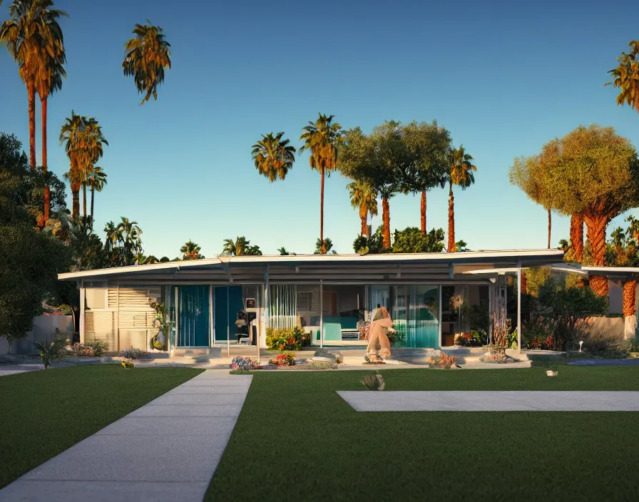 Prompt: eichler home, 1950s, by Asher Durand. solar power, palm springs, intricate artwork, octane render, cinematic, hyper realism, golden hour, octane render, 8k, depth of field, bokeh. iridescent accents. vibrant.