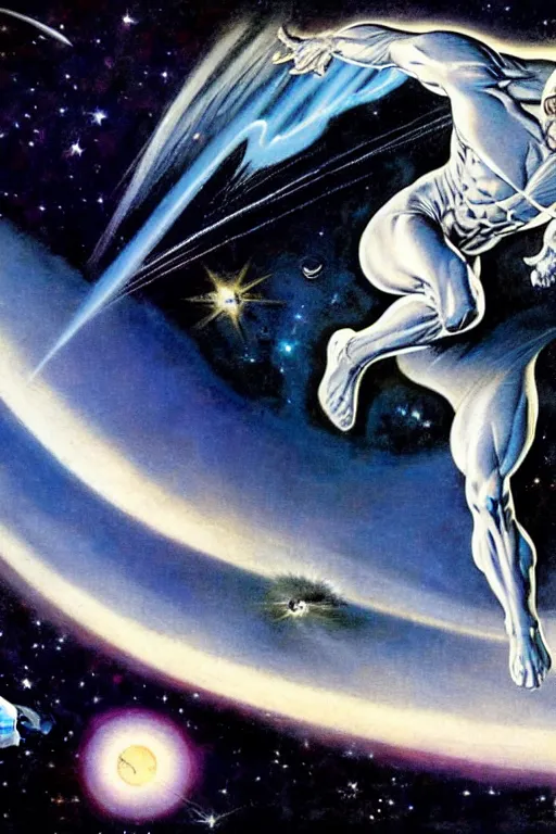 Image similar to Silver Surfer flying through space, by Frank Frazetta