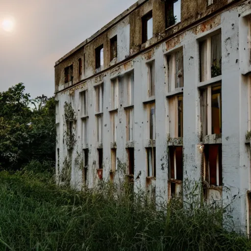 Image similar to overgrown building with white walls, orange light comes from inside, night