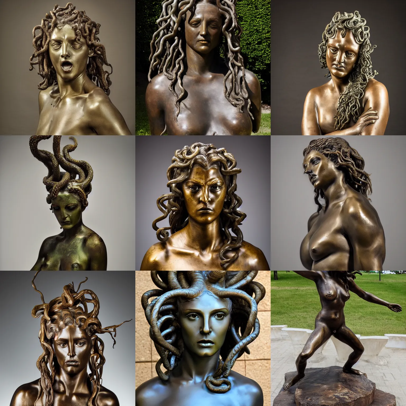 Prompt: full body bronze sculpture of medusa, renaissance style, patina, sharp facial features, angry, professional photography, dynamic and dominant