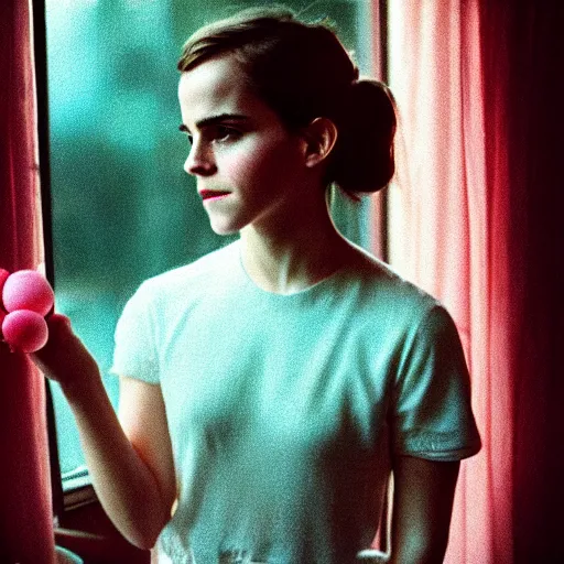 Image similar to Photograph of Emma Watson holding a plumbus by the window. Golden hour, dramatic lighting. Medium shot. CineStill