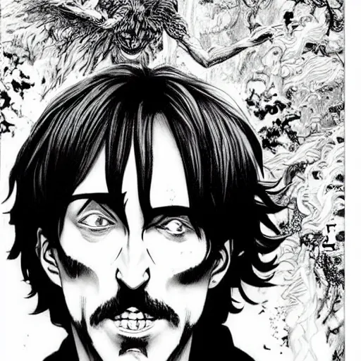 Prompt: pen and ink!!!! attractive 22 year old Gantz monochrome!!!! Frank Zappa x Daniel Radcliff highly detailed manga Vagabond!!!! telepathic floating magic swordsman!!!! glides through a beautiful!!!!!!! battlefield magic the gathering dramatic esoteric!!!!!! pen and ink!!!!! illustrated in high detail!!!!!!!! graphic novel!!!!!!!!! by Juan Francisco Casas and Hiroya Oku!!!!!!!!! MTG!!! award winning!!!! full closeup portrait!!!!! action manga panel