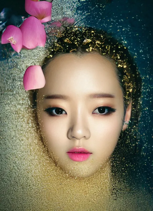 Image similar to Kodak Portra 400, 8K, soft light, volumetric lighting, highly detailed, KPOP style 3/4 ,portrait photo of LalisaManobal princess, the face emerges from a thermal water flowing down gold travertine terraces, with lotus flowers, inspired by Ophelia paint , a beautiful luxurious royal suit, intricate hair with highly detailed realistic beautiful flowers , Realistic, Refined, Highly Detailed, ethereal lighting colors scheme, outdoor fine art photography, Hyper realistic, photo realistic