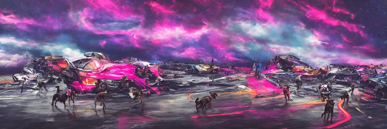 Image similar to oil painting, ultra detailed, the middle view dog, run, spase dogs and punks running with neon mohawks, space, dark, stars, pink, pirate neon ship with punks on board, neon, rich deep colors masterpiece, contrast, clouds, sky, volumetric light, atmospheric lighting, dramatic, cinematic, moody, octane render 4 k, 8 k