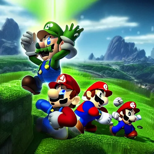 Image similar to Geralt and Master Chief fighting Mario and Luigi in the style of Super Smash Brothers, concept art, fisheye lens, vivid colour, unreal engine