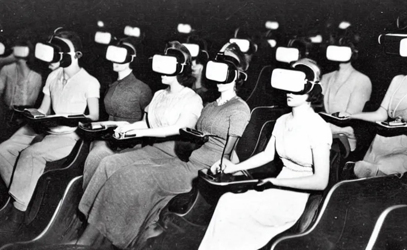 Image similar to 1 9 0 0 s photo of people wearing virtual reality headsets vr in a movie theater masterpiece old photograph