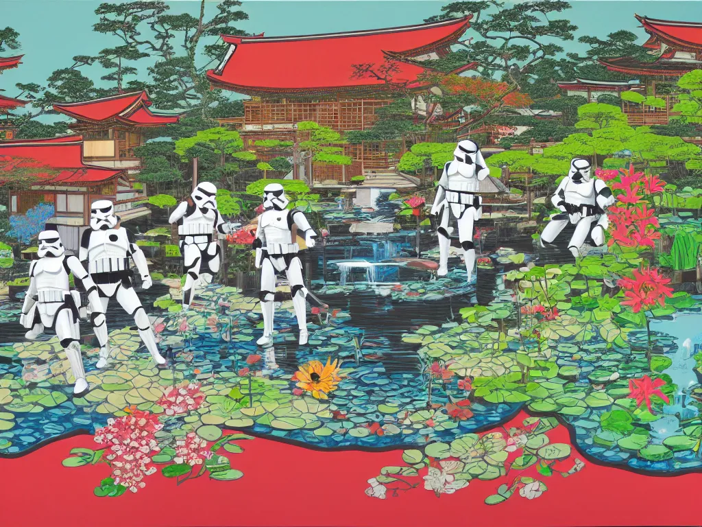 Image similar to detailed composition of the japanese home with a garden and a pond, 2 stormtroopers sitting around it, pop - art style, jacky tsai style, andy warhol style, rich palette, acrylic on canvas