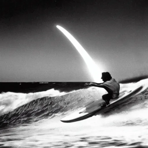 Prompt: carl sagan surfing on a rocket in outer space.