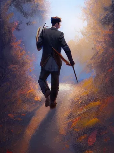 Prompt: a handsome young man holding a adorned cane. walking in a rural area. intricate, elegant, highly detailed, digital painting, artstation, concept art, sharp focus, illustration, by justin gerard and artgerm, 8 k