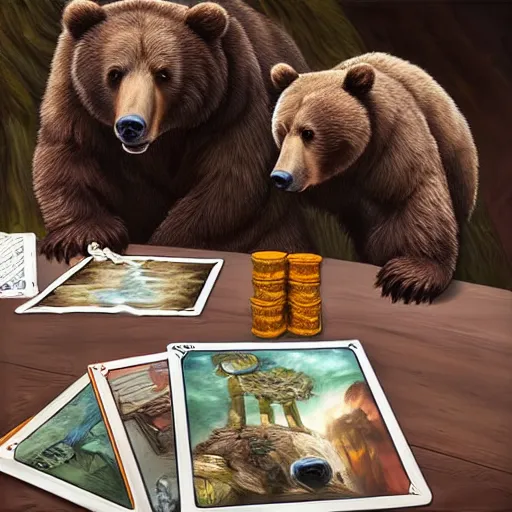 Prompt: brown bears playing magic the gathering, hyperrealism style