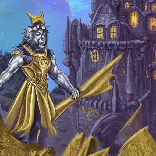 Prompt: werewolf king, in golden heavy platemail armor, with a long flowing cape, standing on castle balcony, the castle is amidst a sprawling forest with an oceanside cliff on one side, realistic, 8k